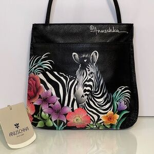 Anuschka Zebra Hand Painted Leather Black Purse Crossbody Floral Flowers NWT
